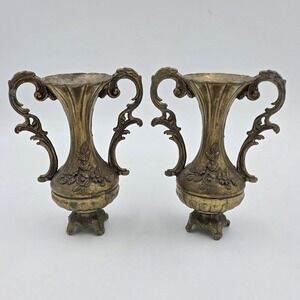 Pair of Vintage Brass Double Handled Ornate Floral Bud Vases Made In Italy 5"